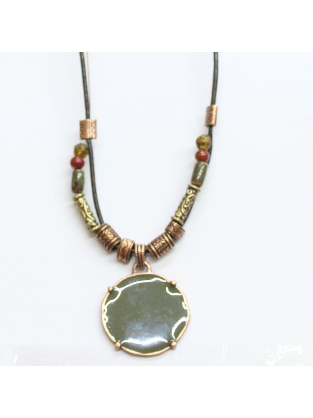 NEW Chico's Choker Aztec Pendant Bead Necklace Black / Green 16" + 5"